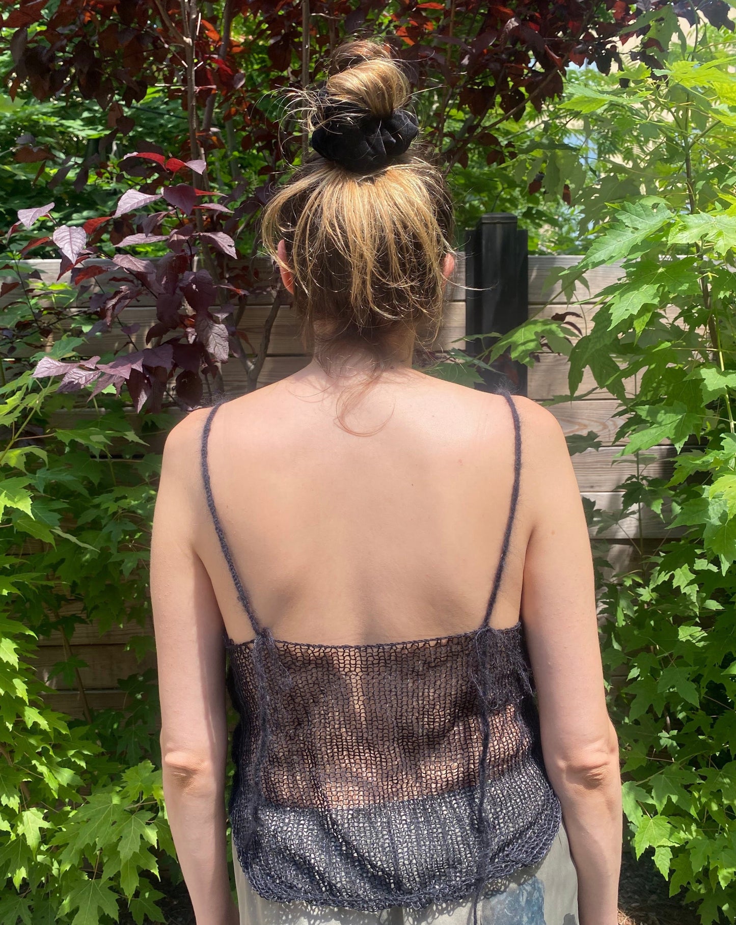 black and white knit mohair tank, back view