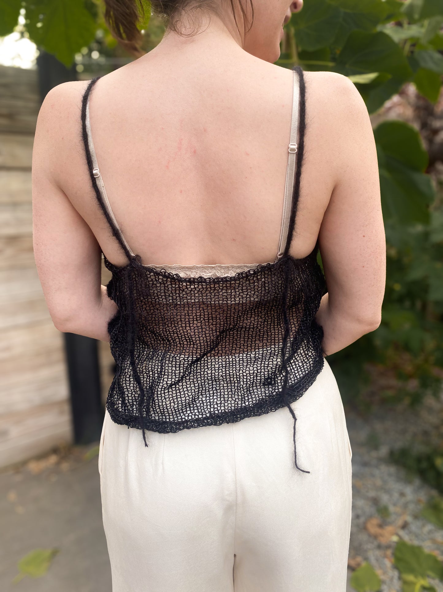 black and white knit mohair tank, back view