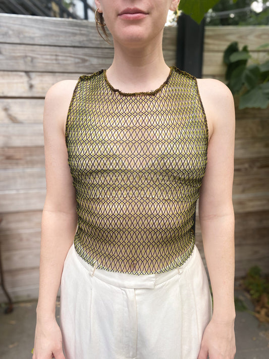 black and yellow large gage mesh front and wool knit back crop tank, front view