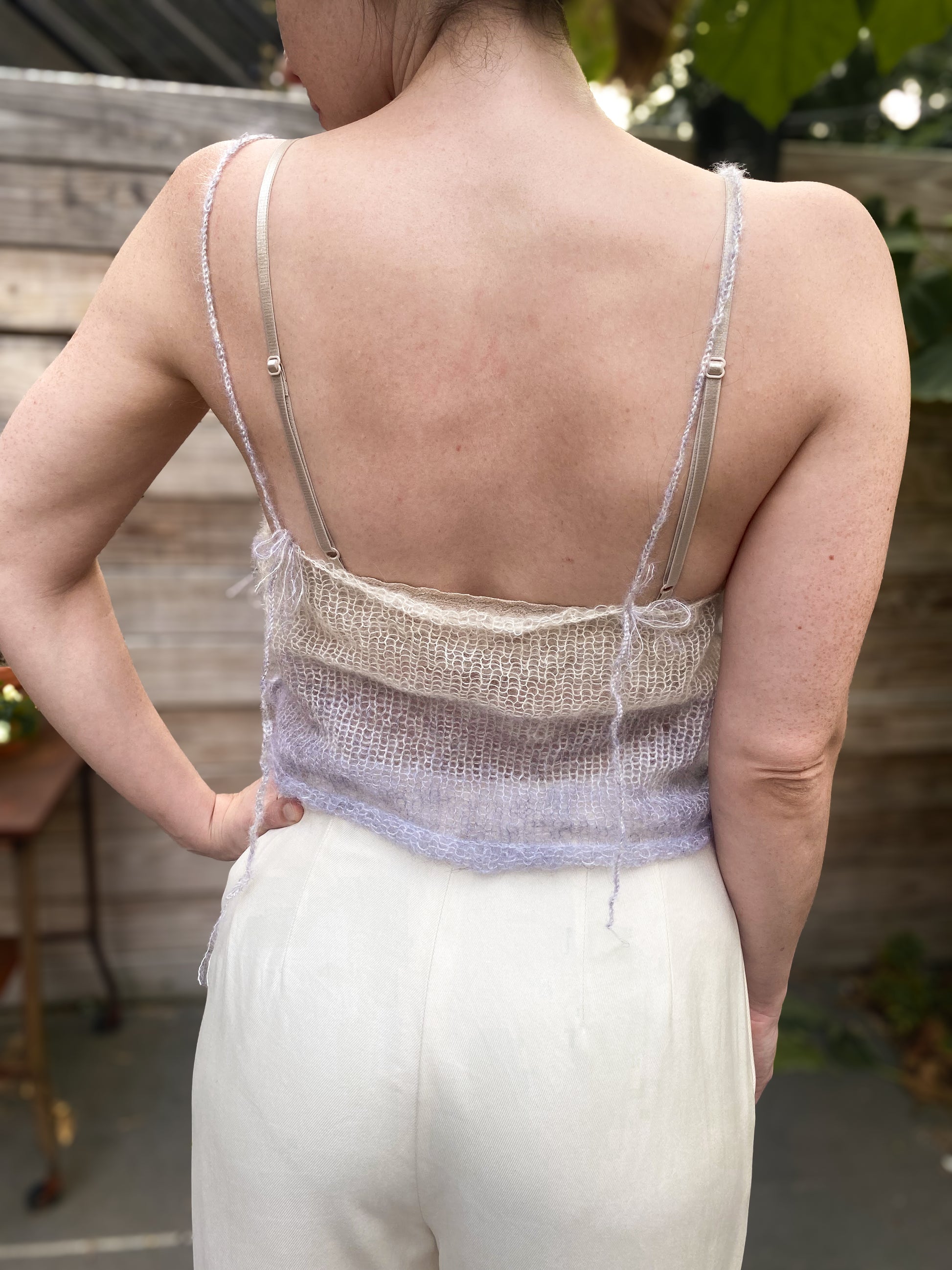 lavender and white knit mohair tank, back view