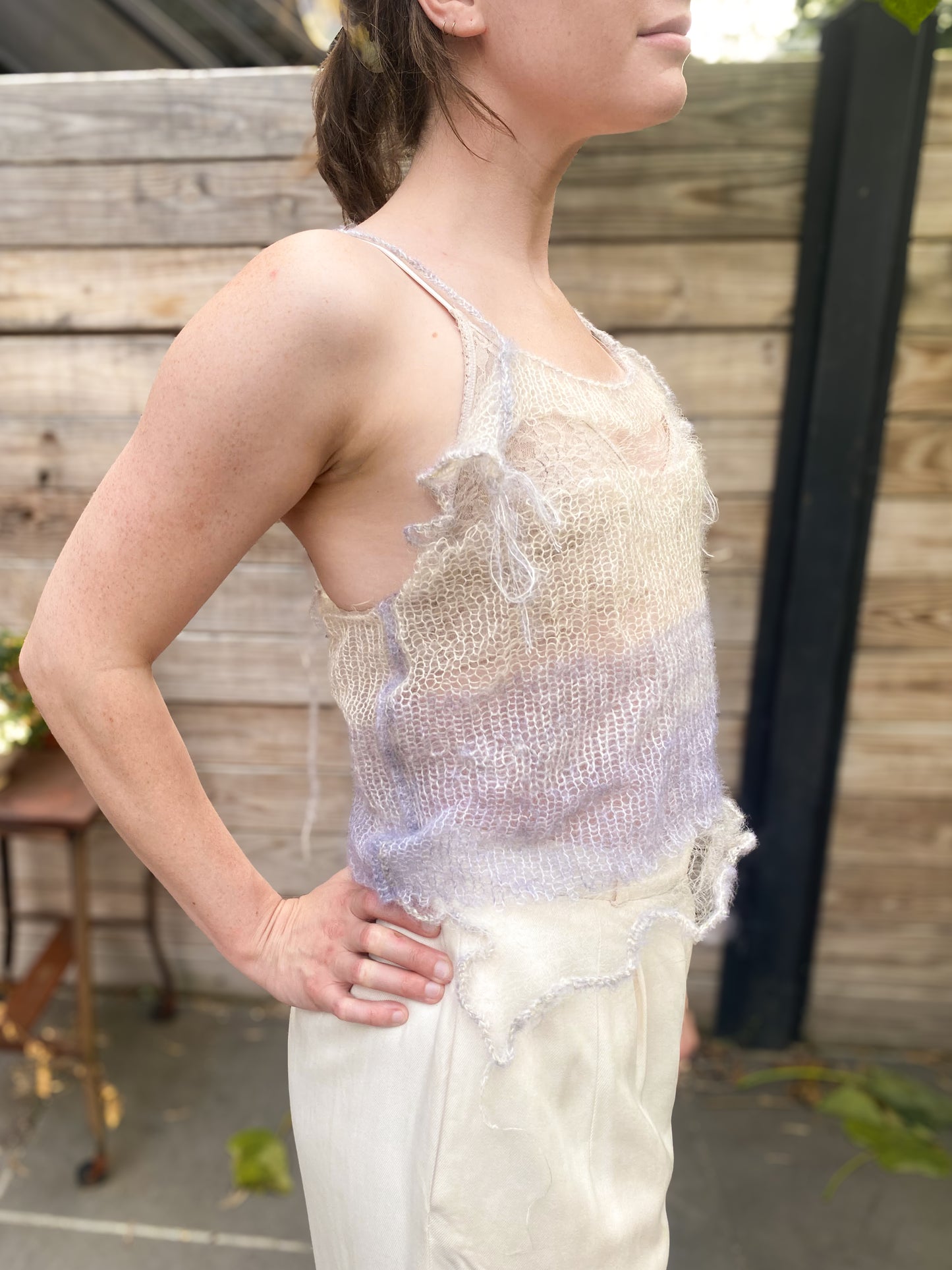 lavender and white knit mohair tank, side view