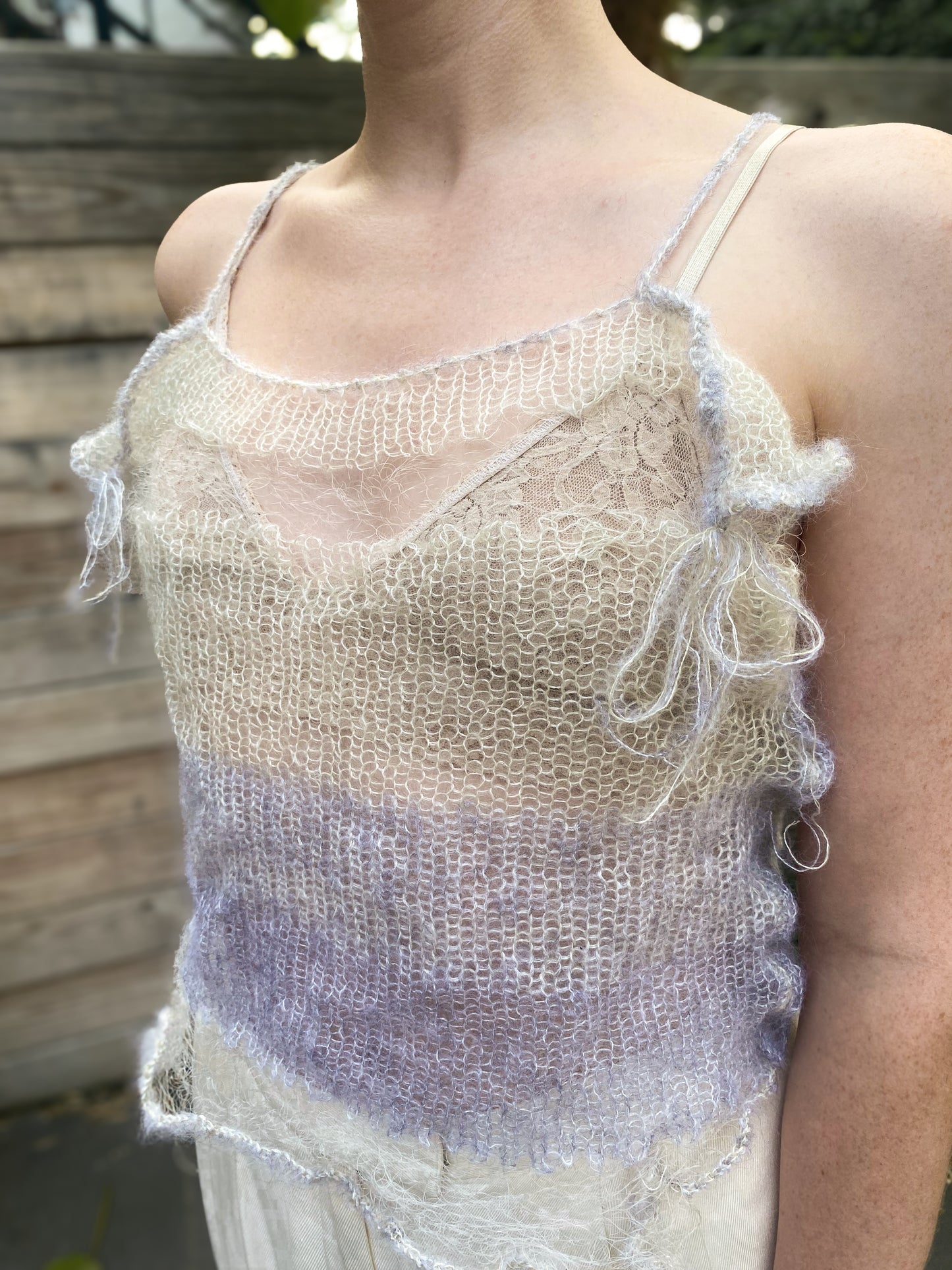 lavender and white knit mohair tank, 3/4 view