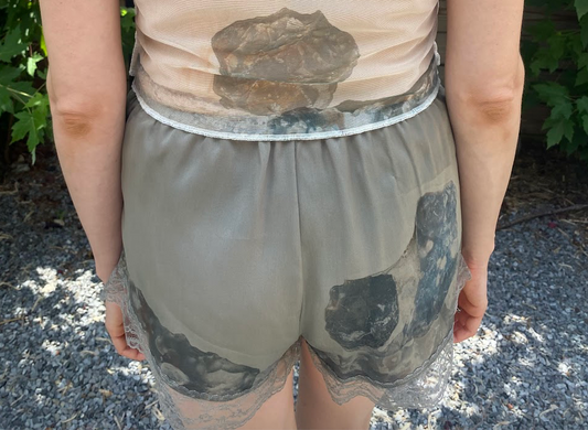 gray silk and lace bloomers with rocky shoreline print, back view